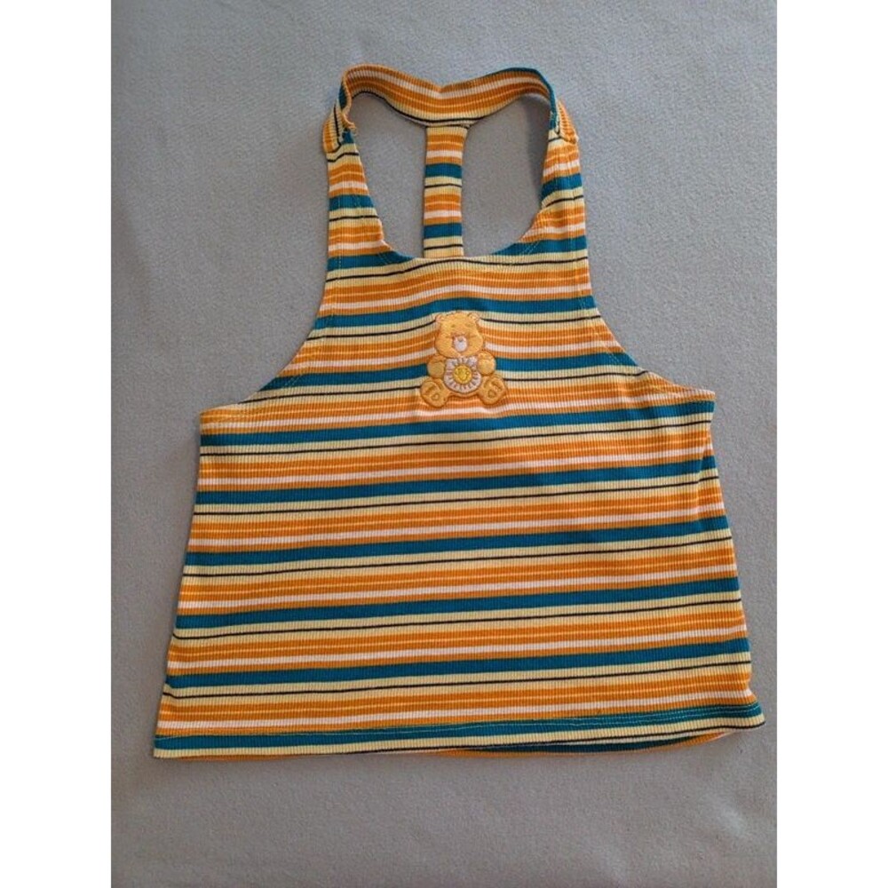 Care Bears Funshine Bear Striped Crop Tank Top Women Large High Neck Racerback